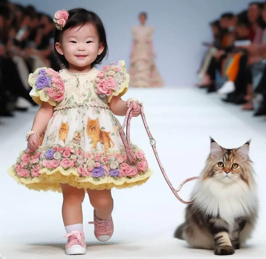 The adorable expressions of the baby and the extremely cute cat on the catwalk made everyone who witnessed it feel hilarious