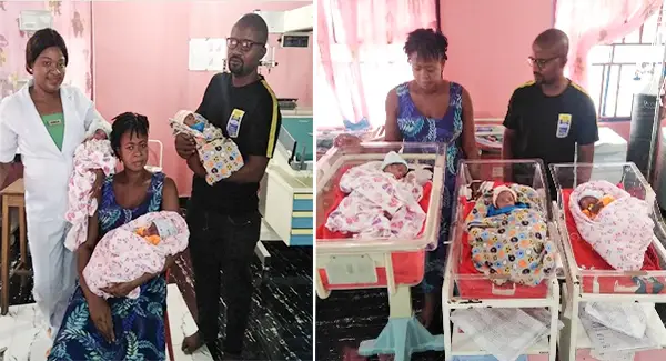 Nigerian woman, Samuel Regina, welcomed three children after 11 years of marriage and was overwhelmed with joy as she became a mother.
