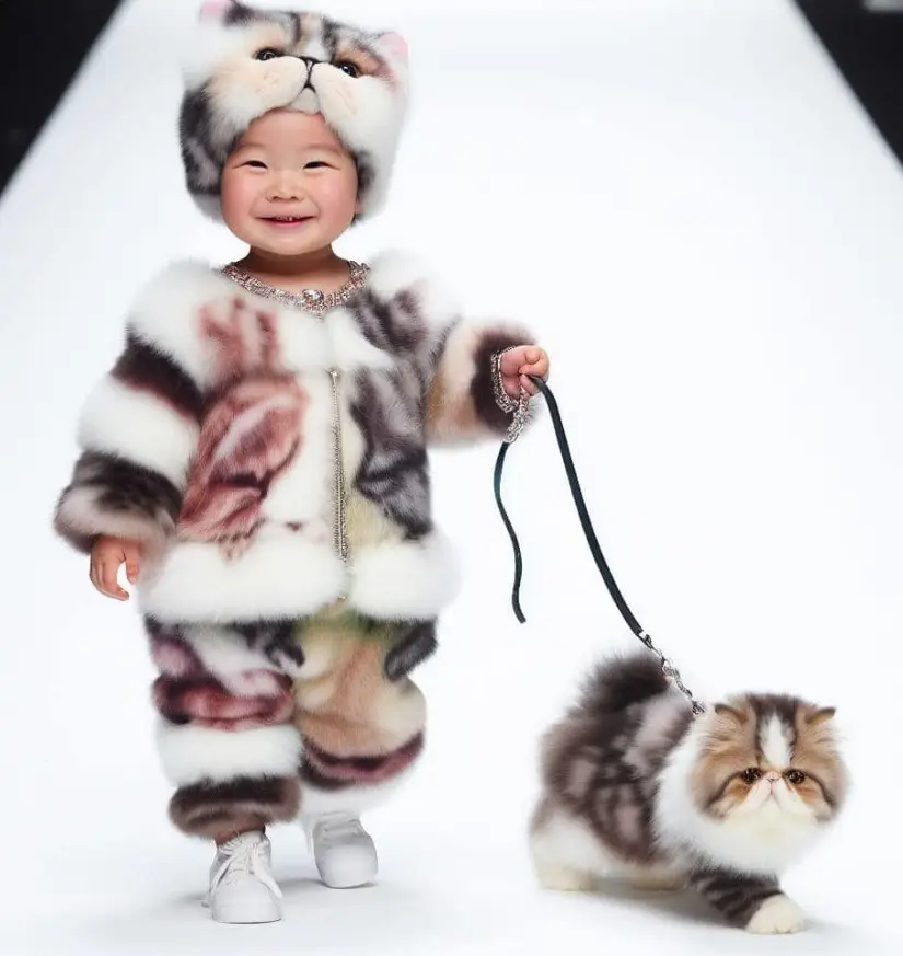 The adorable expressions of the baby and the extremely cute cat on the catwalk made everyone who witnessed it feel hilarious