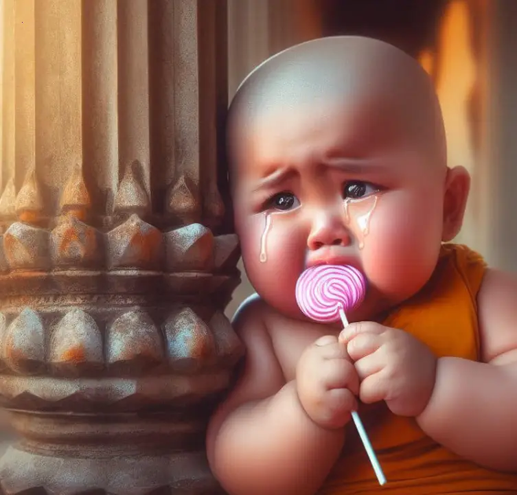 The adorable tears when the little monks hold food in their hands will make you want to hug them again, making everyone fascinated.