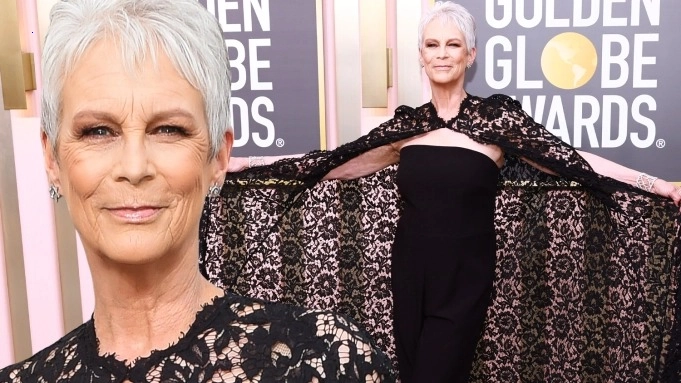 An exquisite gown with a plunging neckline. Jamie Lee Curtis flaunted her incredible body at the age of 64.