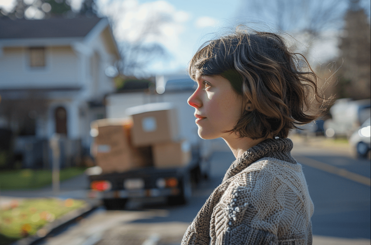 A woman standing in a quiet suburban street | Source: Midjourney