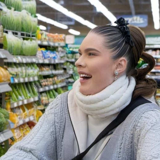 A woman laughing in a grocery store aisle | Source: Midjourney