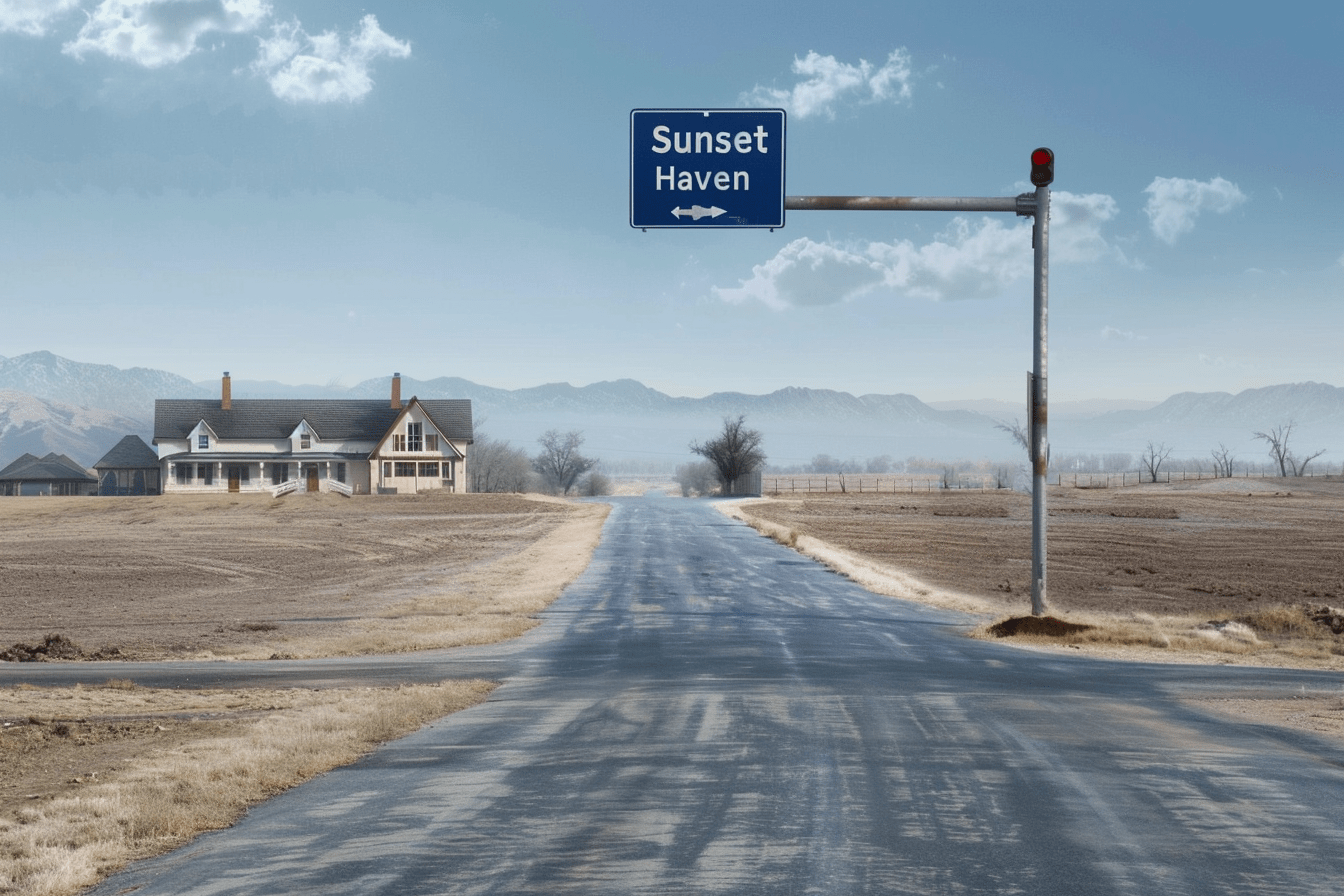 Road leading to a sign that says "Sunset Haven," and a building in the background | Source: Midjourney