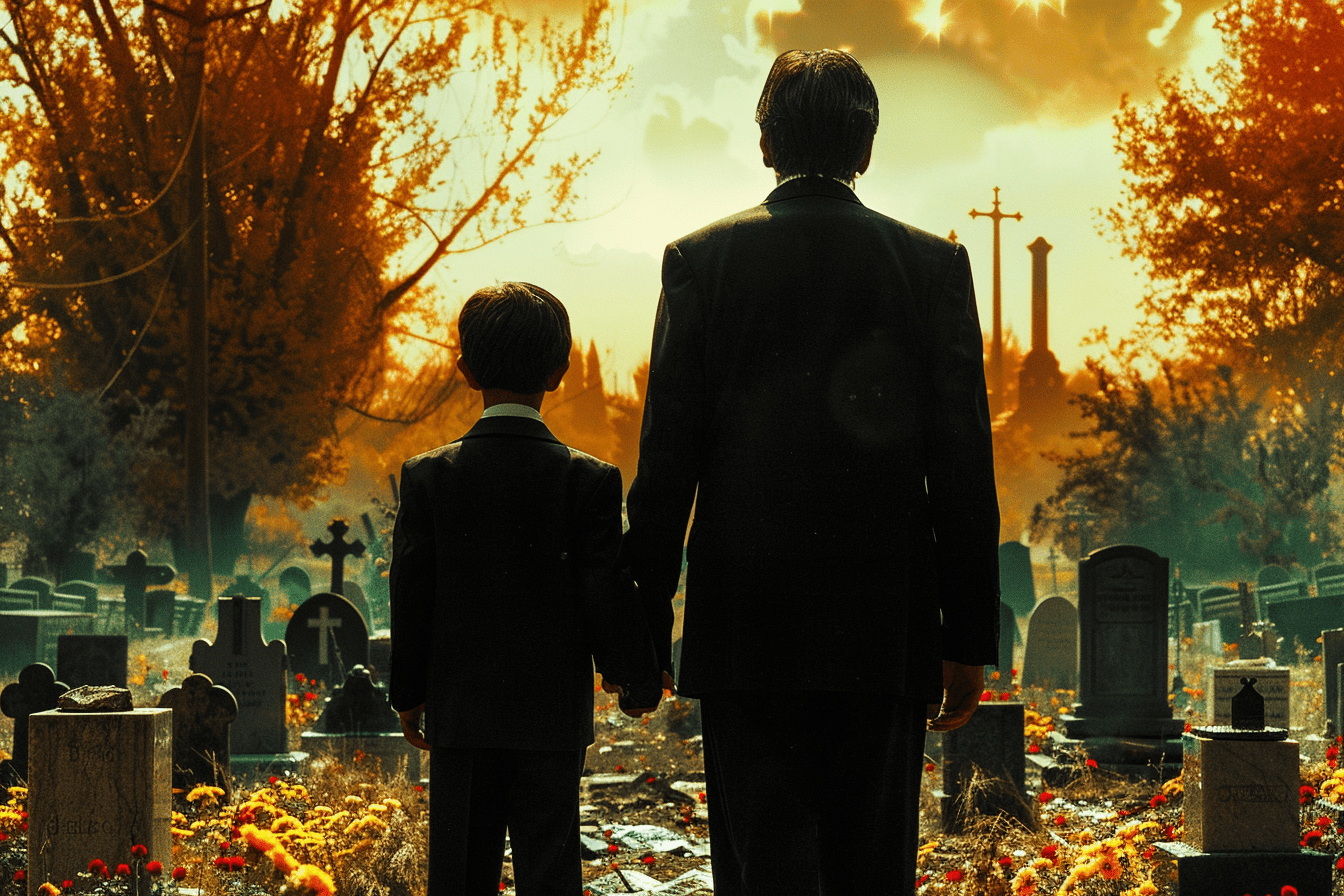 A man and his son in a cemetery | Source: Midjourney